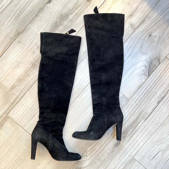 Stuart Weitzman Black Suede Leather OTK Over The Knee High Boot Gold Zipper 7.5 - Picture 11 of 14